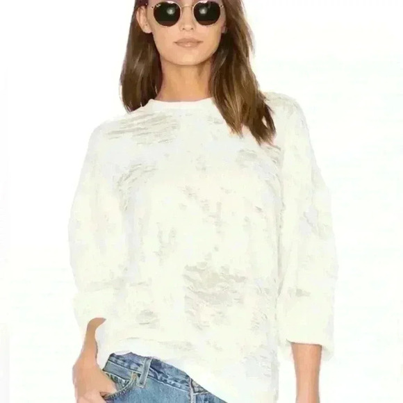 IRO Jeans Sudami Distressed Pullover Crew Neck Cropped Sweater Cream Beige Small - Picture 4 of 15